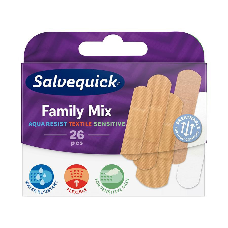 Salvequick - Aqua Resist Textile Sensitive Family Mix Plasters 26Pcs.