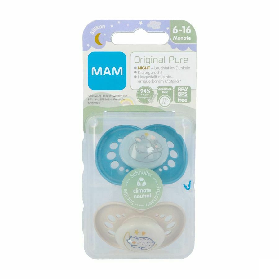 MAM Fopspeen Pure Night Siliconen - 6-16 maanden - blauw - 2 stuks | Glow in the dark fopspeen