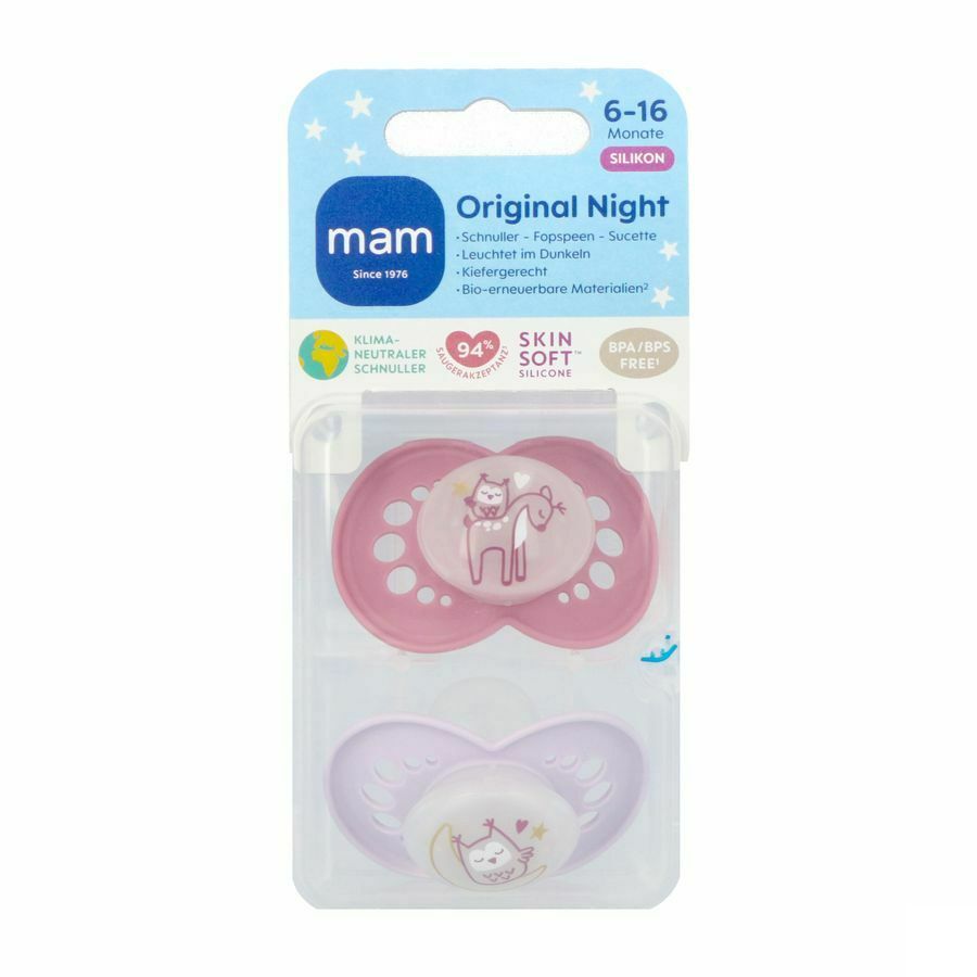 MAM Fopspeen Pure Night Siliconen - 6-16 maanden - roze - 2 stuks | Glow in the dark fopspeen